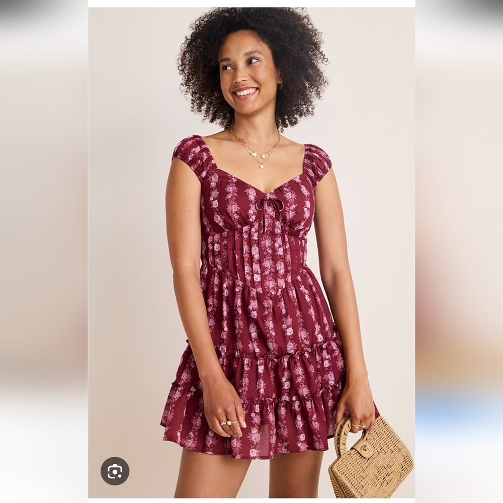 Francesca's Red Pink Milkmaid Coquette Tie Neckline Mini Dress Medium